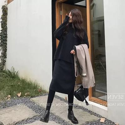 Meatacci - Set: V-hals effen geribbelde trui + mouwloze mockneck effen gebreide midi-jurk