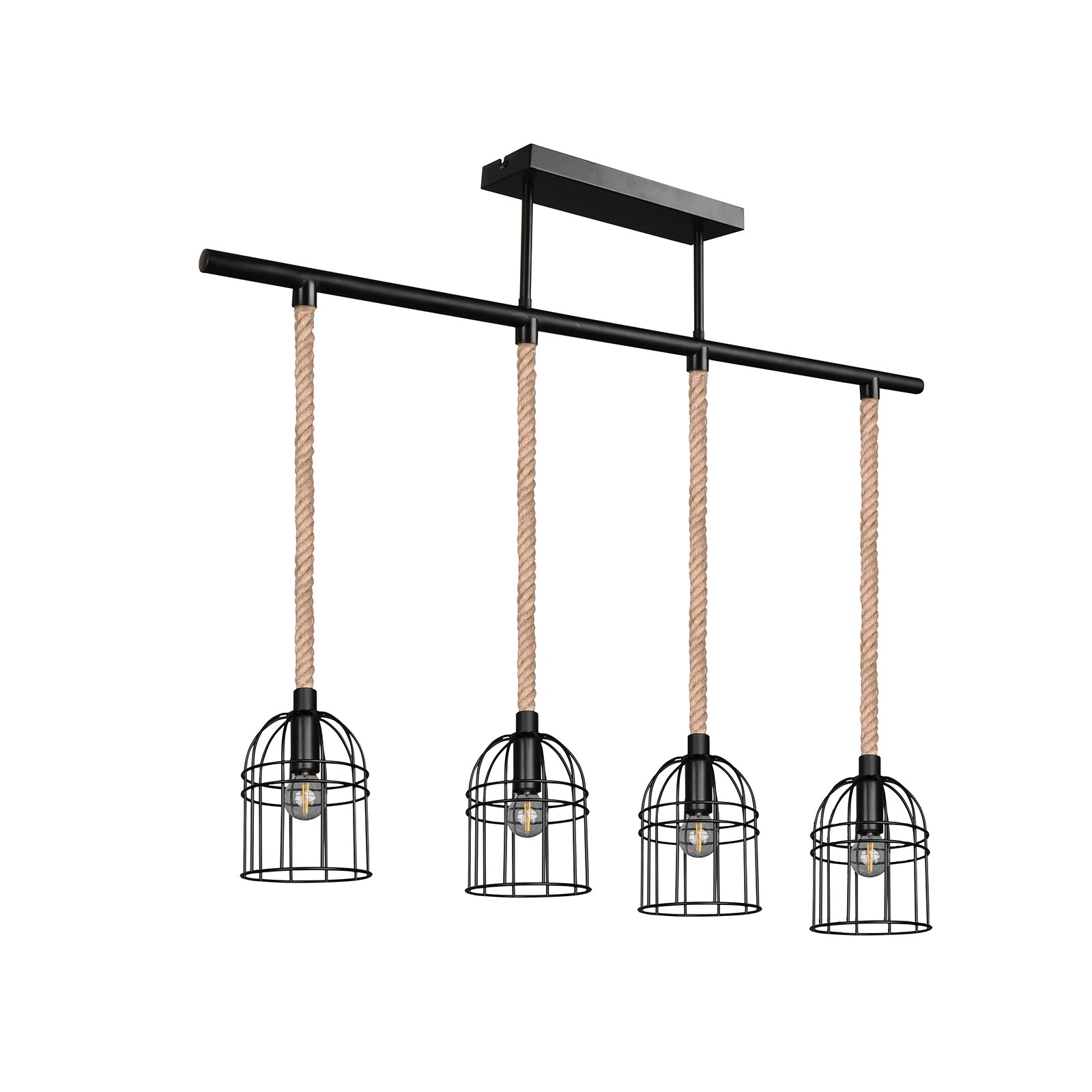 Pendelleuchte - schwarz matt-braun - Metall - Sisal - 4-flammig