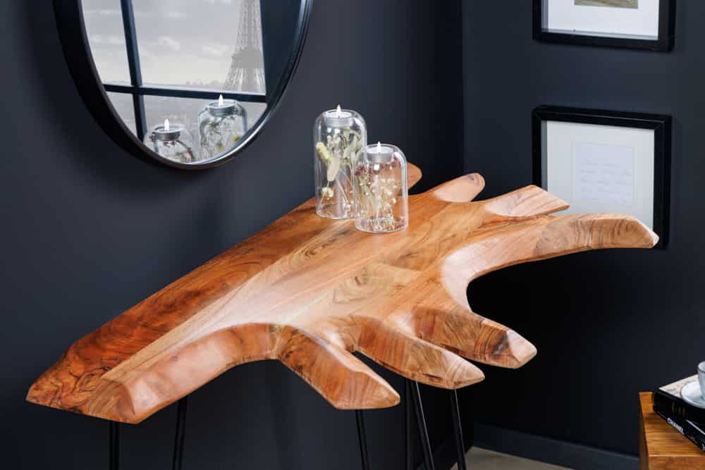 Massivholz Konsolentisch WILD 105cm Akazie natur Hairpin Legs Baumkante