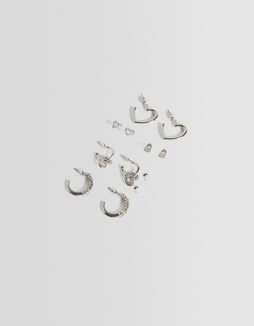 Conjunto de 6 brincos de coração com strass