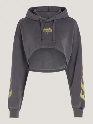 Moletom cropped com estampa de chamas vintage