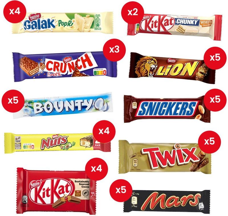 Chocolade Box - 50 stuks - Lion, Twix, Nuts, Mars, Galak Popri, Snickers en KitKat 4-Finger