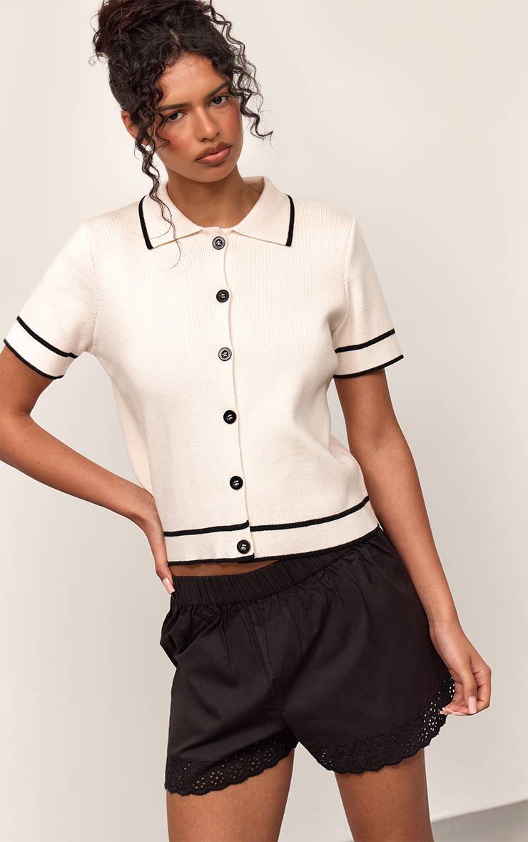Crème Polo Tricoté Boxy À Passepoil Contrastant En Maille Compacte