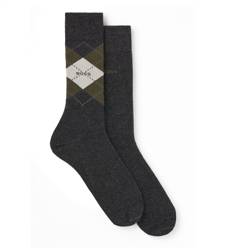 Pacote com 2 pares de meias BOSS com estampa de losangos, cinza.
