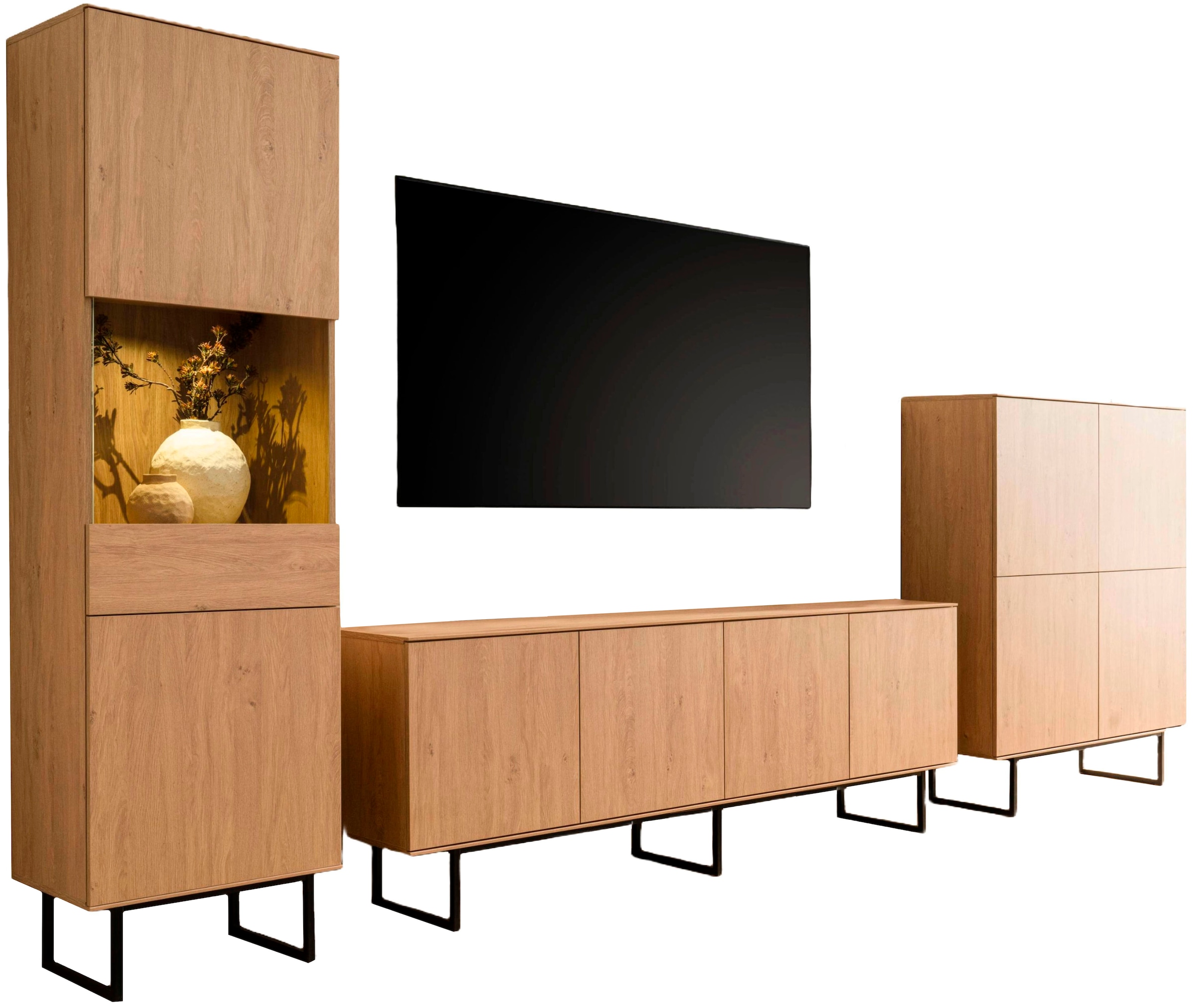 Home affaire Wohnwand »Lund, moderne Anbauwand, Wohnzimmer-Set in Stone Oak« 3 Stk. tlg.