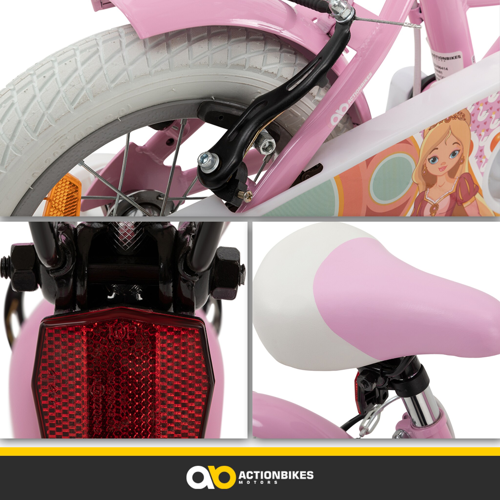 Actionbikes Kinderfahrrad Princess, 12 Zoll, rosa, V-Brake-Bremsen, Prinzessinnen-Design, Stützräder