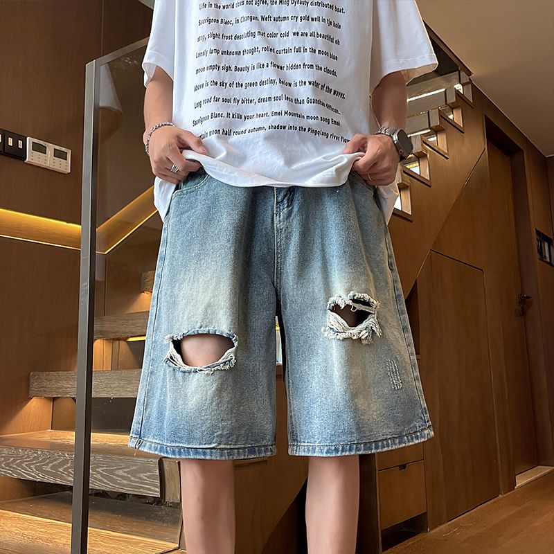 Fushet - Mid Rise Distressed Washed Denim Shorts