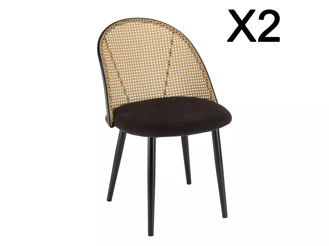 LEA - Lot de 2 chaises assise tissu noir dossier arrondi effet cannage
