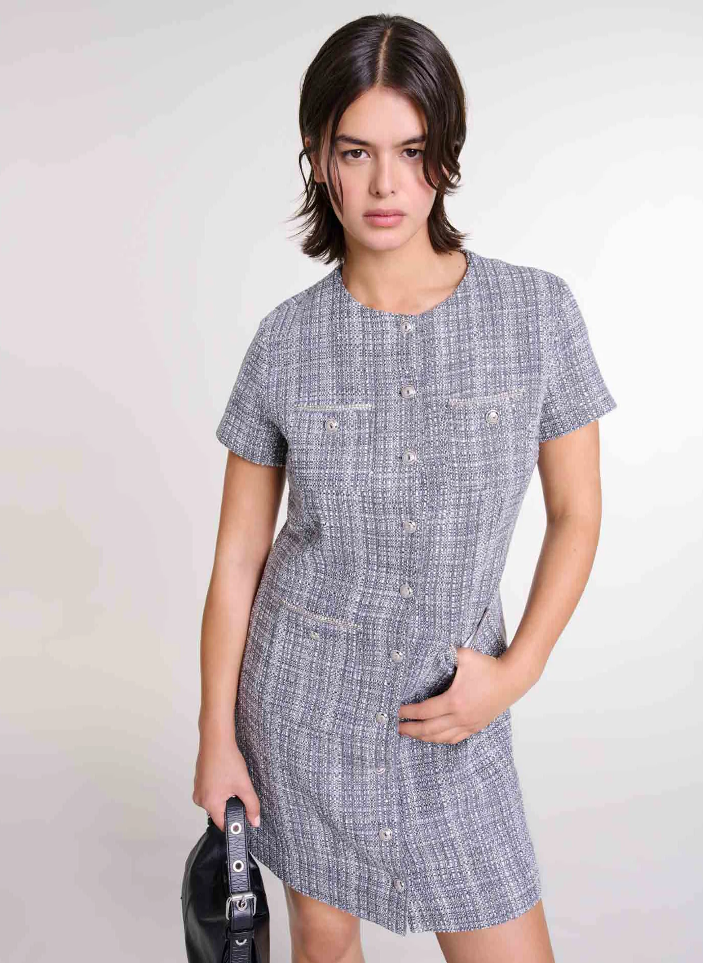 Robe courte col rond en coton mélangé | Gris