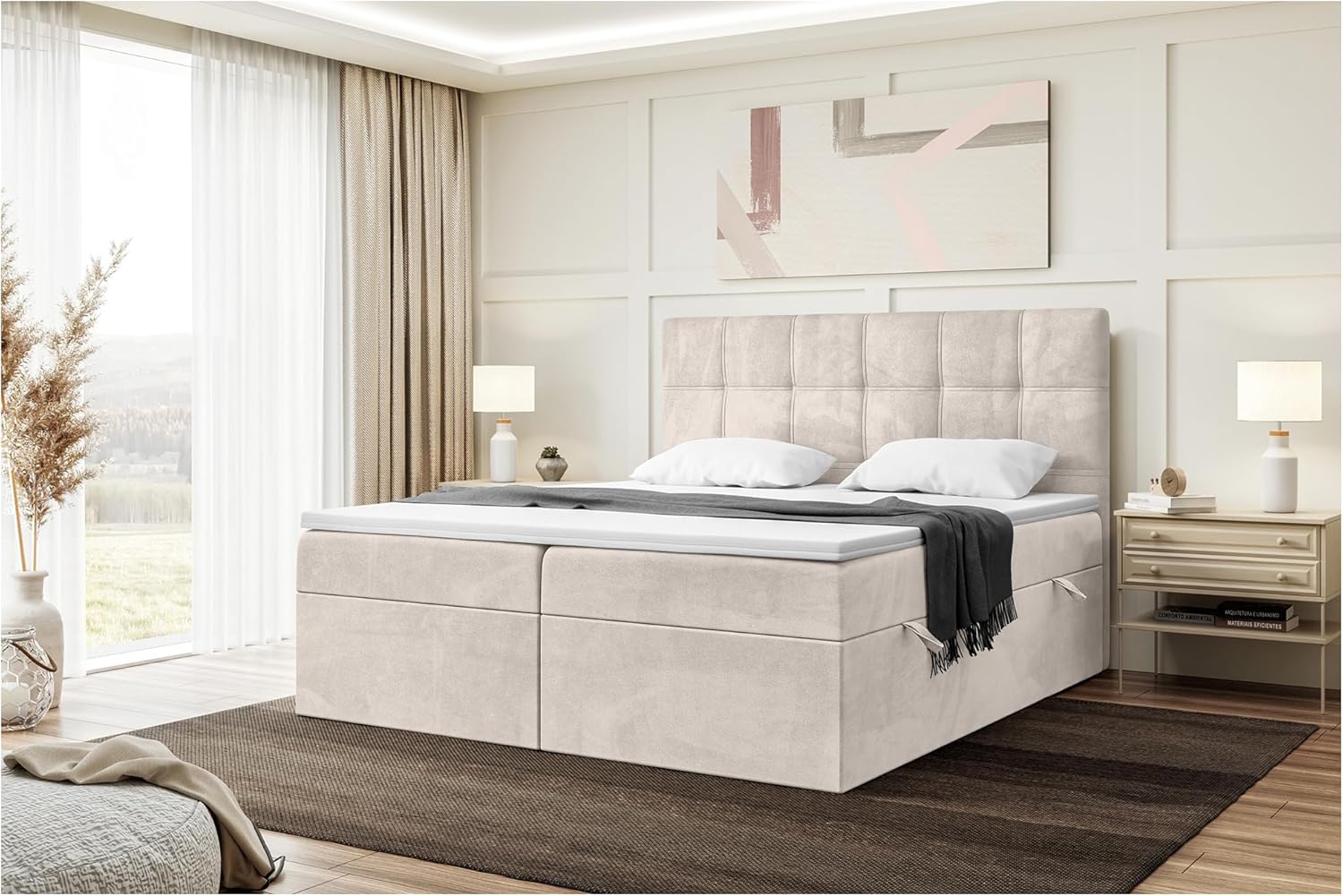 MEBLINI Boxspringbett mit Bettkasten - Gepolstert Doppelbett mit Matratze und Topper - Polsterbett mit Stauraum - Bett mit Kopfteil - Kai - 140x200 - H3/Beige Samt