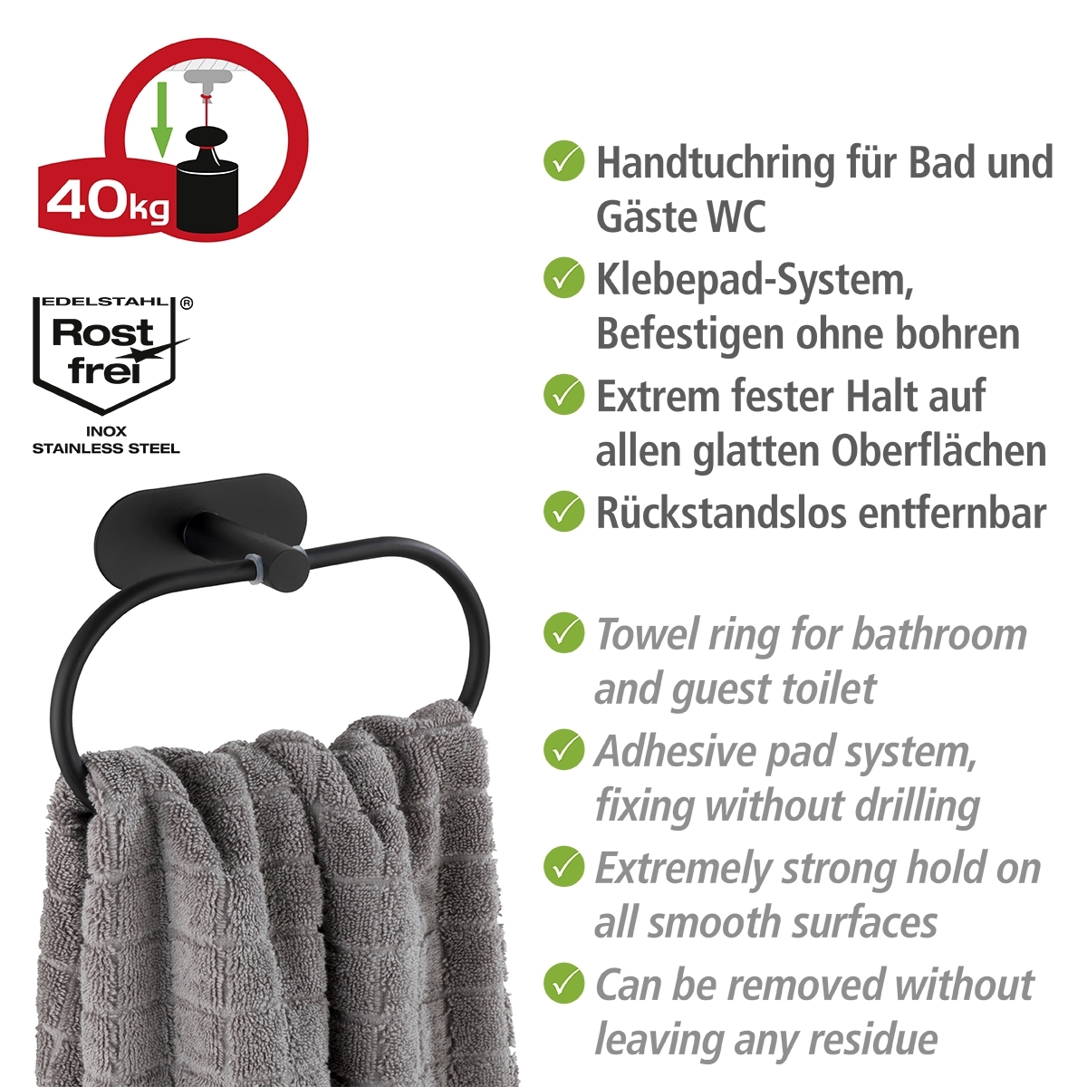 Wenko Orea turbo-loc handdoekring RVS zwart mat