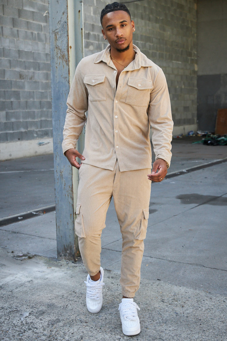 Ensemble 2 pièces chemise + pantalon en velours côtelé beige