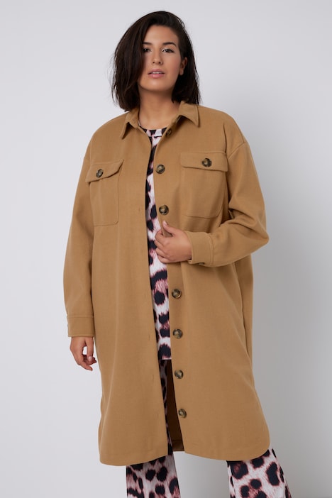 Hemdjacke, oversized, lang geschnitten, Wolloptik, Hemdkragen