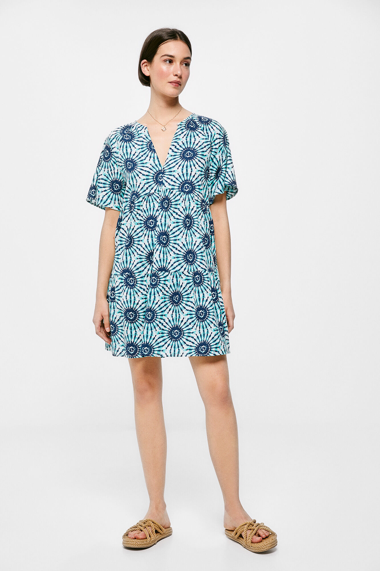 Vestido túnica em algodão e linho - Azul