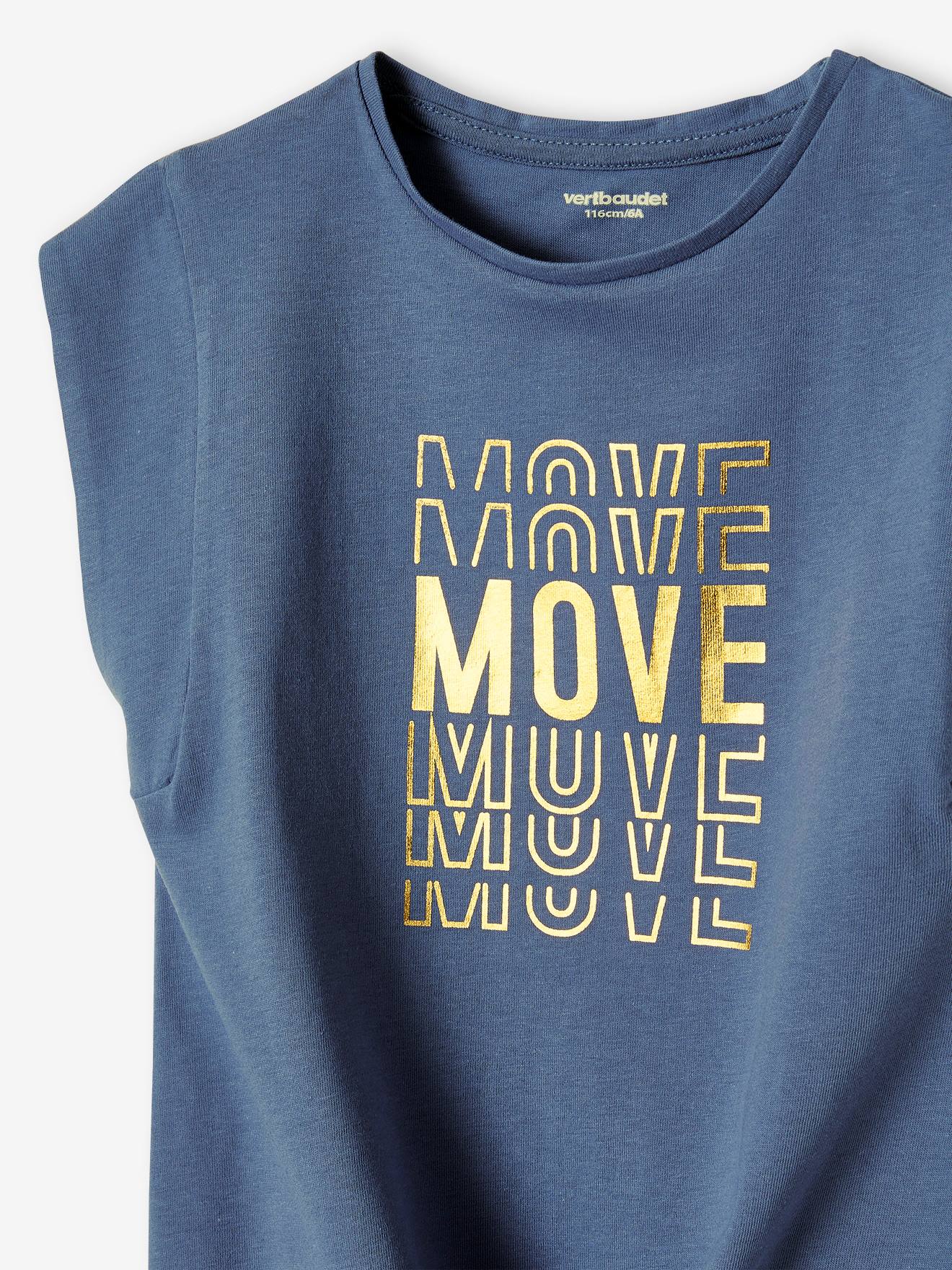 Camiseta esportiva azul feminina com estampa de glitter e barra com nó.