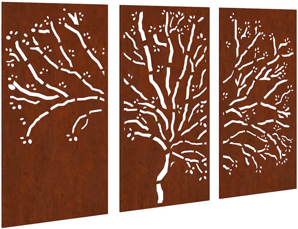 vidaXL Garten Wanddeko 3-TLG., Gartendeko mit Baum-Design, Wandbild Wandschmuck Wetterfest, Wandkunst Dekoration Wanddekoration, Cortenstahl