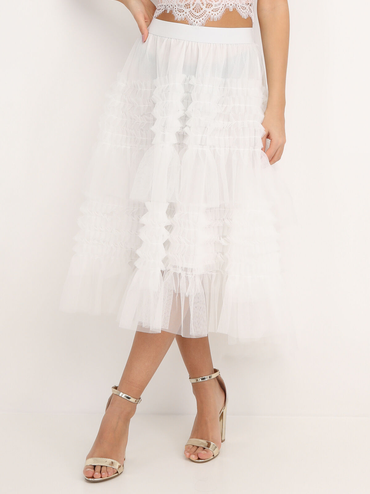 Jupe mi-longue en tulle à volants- Blanc