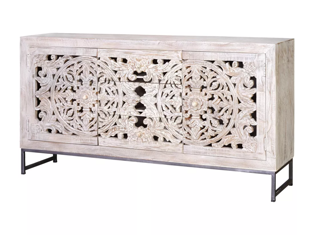 Buffet en manguier et métal blanc vieilli Blanco.Giner y Colomer.80x38x150