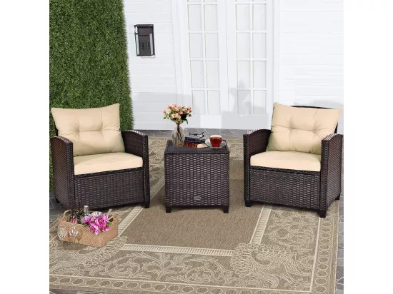 Salon de Jardin en Rotin et fibre naturelle - 3 Pièces - Charge 180KG - 2 Fauteuils et Table Basse avec Plateau en Verre Trempé – Marron