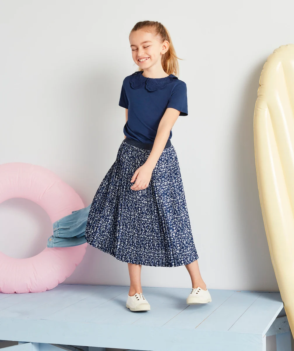 JUPE PLISSÉE MI-LONGUE FILLE EN FIBRES RECYCLÉES MARINE IMPRIMÉ FLEURI