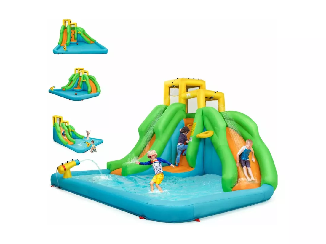 5 en 1 Château Gonflable Enfants avec Toboggan Double, Parc Aquatique Gonflable avec Mur d'escalade, Panier, Piscine, Canon à Eau, Charge 159kg pour 3 Enfants de 3-10 Ans (sans souffleur)