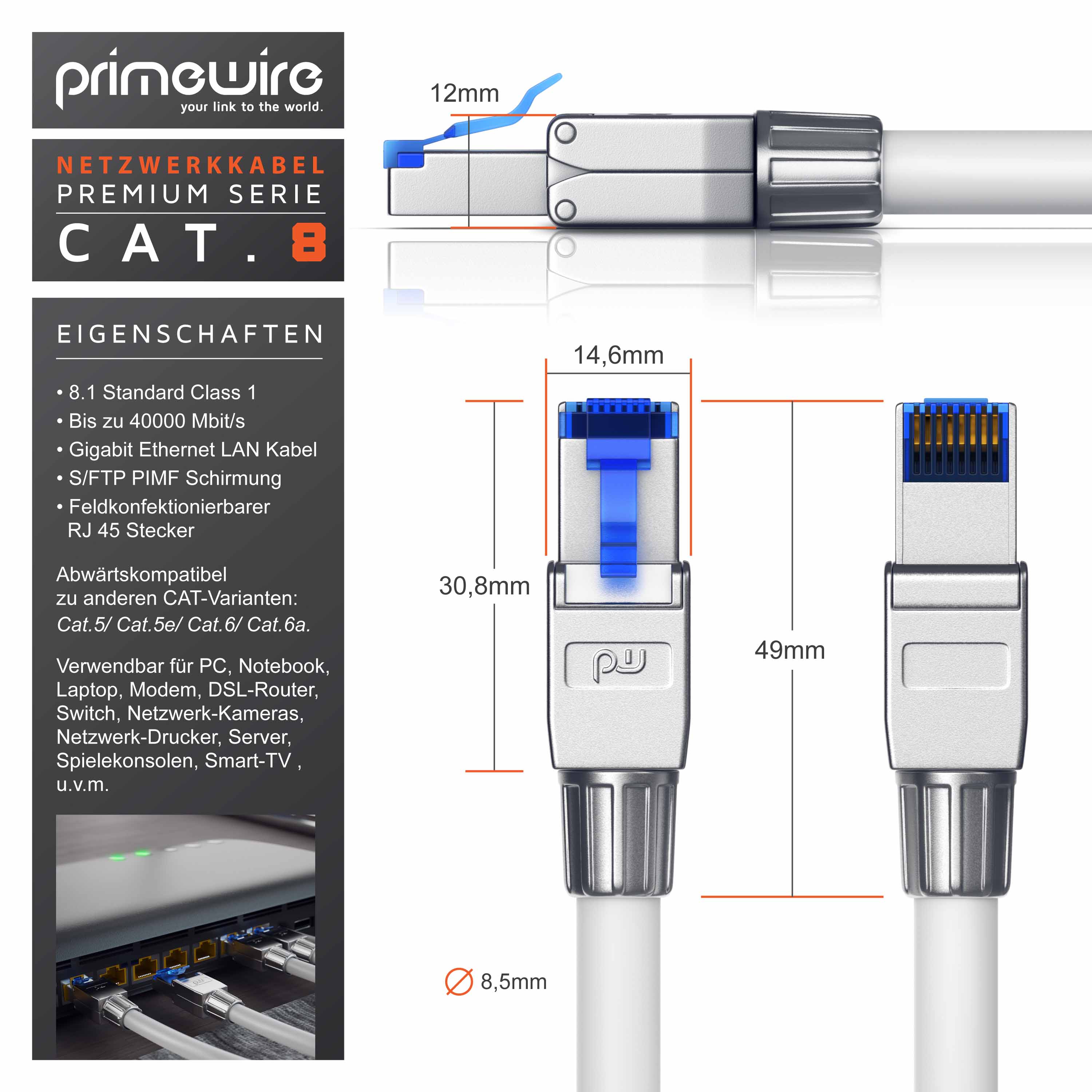 Primewire Patchkabel CAT 8 - Gigabit Ethernet LAN Kabel - 40 Gbit/s - S/FTP PIMF Schirmung - Netzwerkkabel - 25m