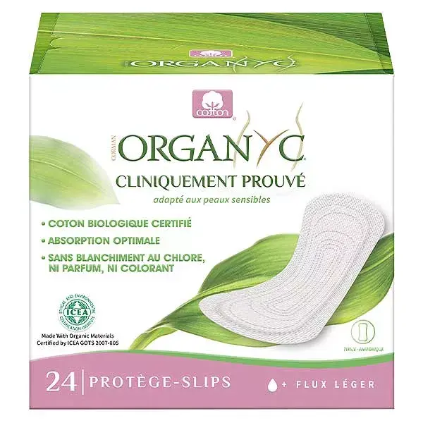 Protetores diários Organyc Very Light Flow, algodão orgânico, pacotes individuais com 24 unidades.