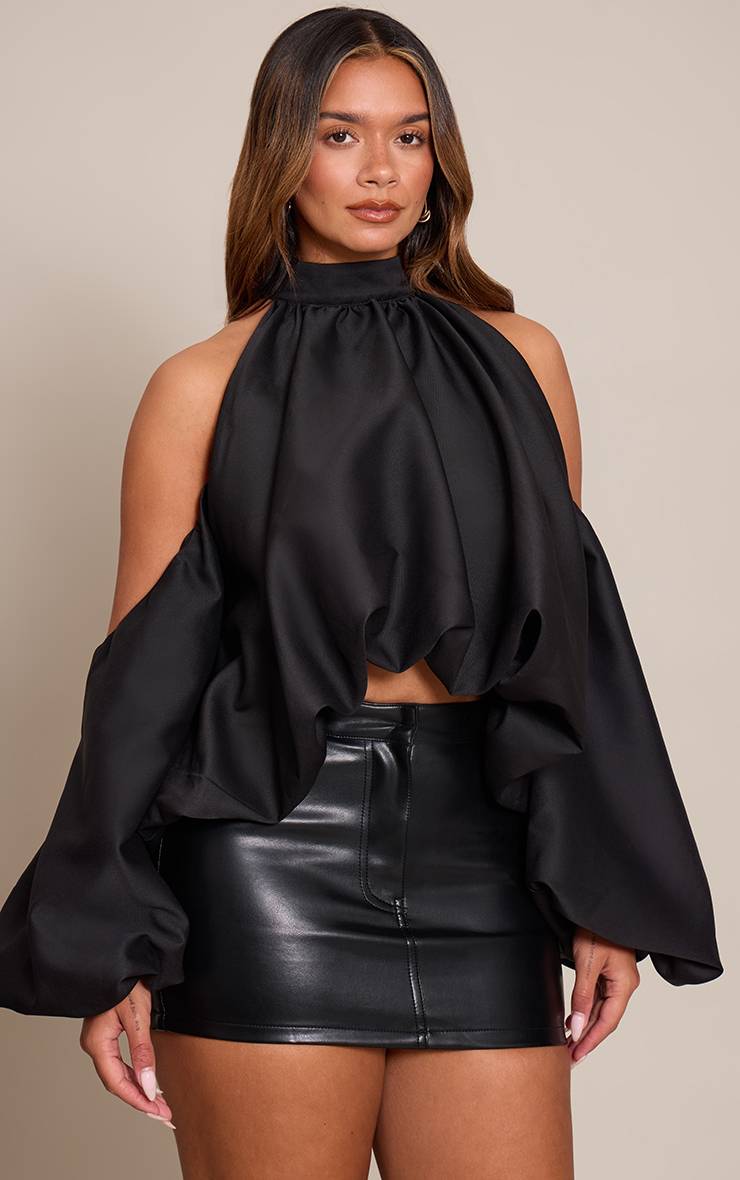 Noir Haut Shape Col Halter À Épaules Dénudées Et Manches Bouffantes