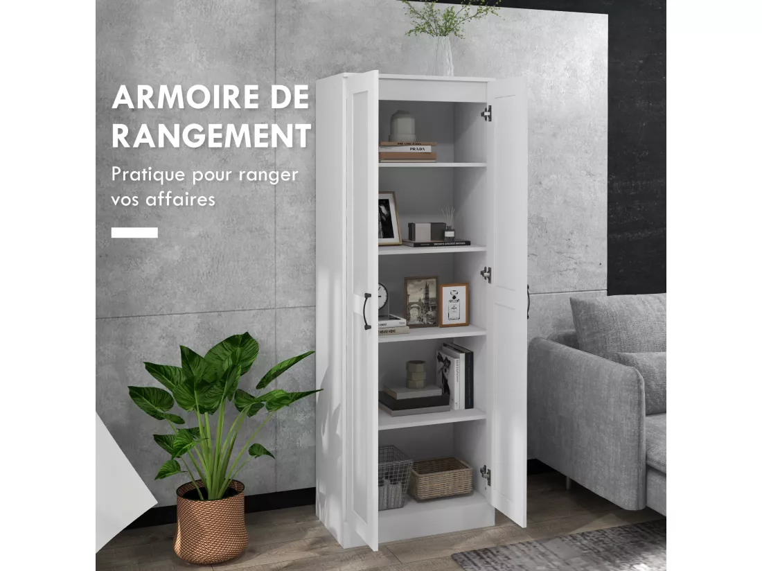 Armoire 2 portes 4 étagères dim. 60L x 36,5l x 175H cm poignées métal noir panneaux blanc