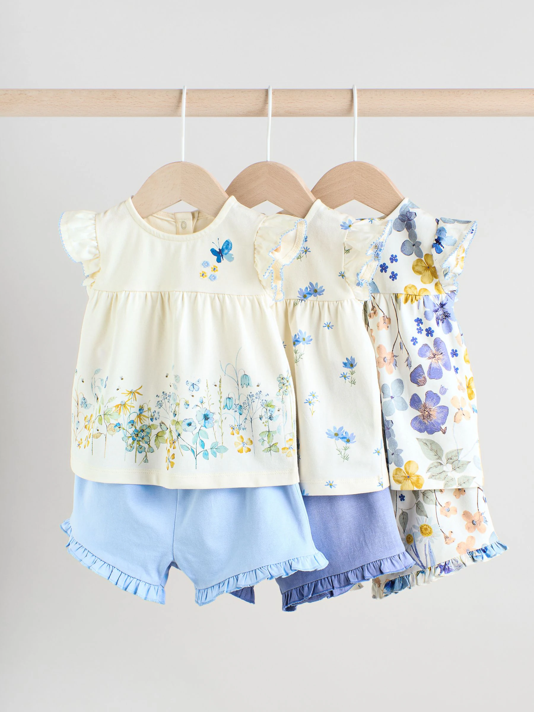 Blauw/wit met bloemenprint - 6 -delig Baby Set van T-shirt met ruches en short (0mnd-2jr)