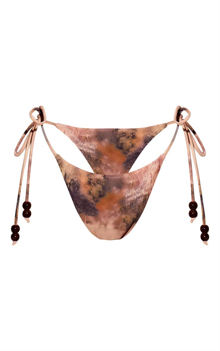 Marron Bas De Bikini À Nouettes Latérales Imprimé Abstrait