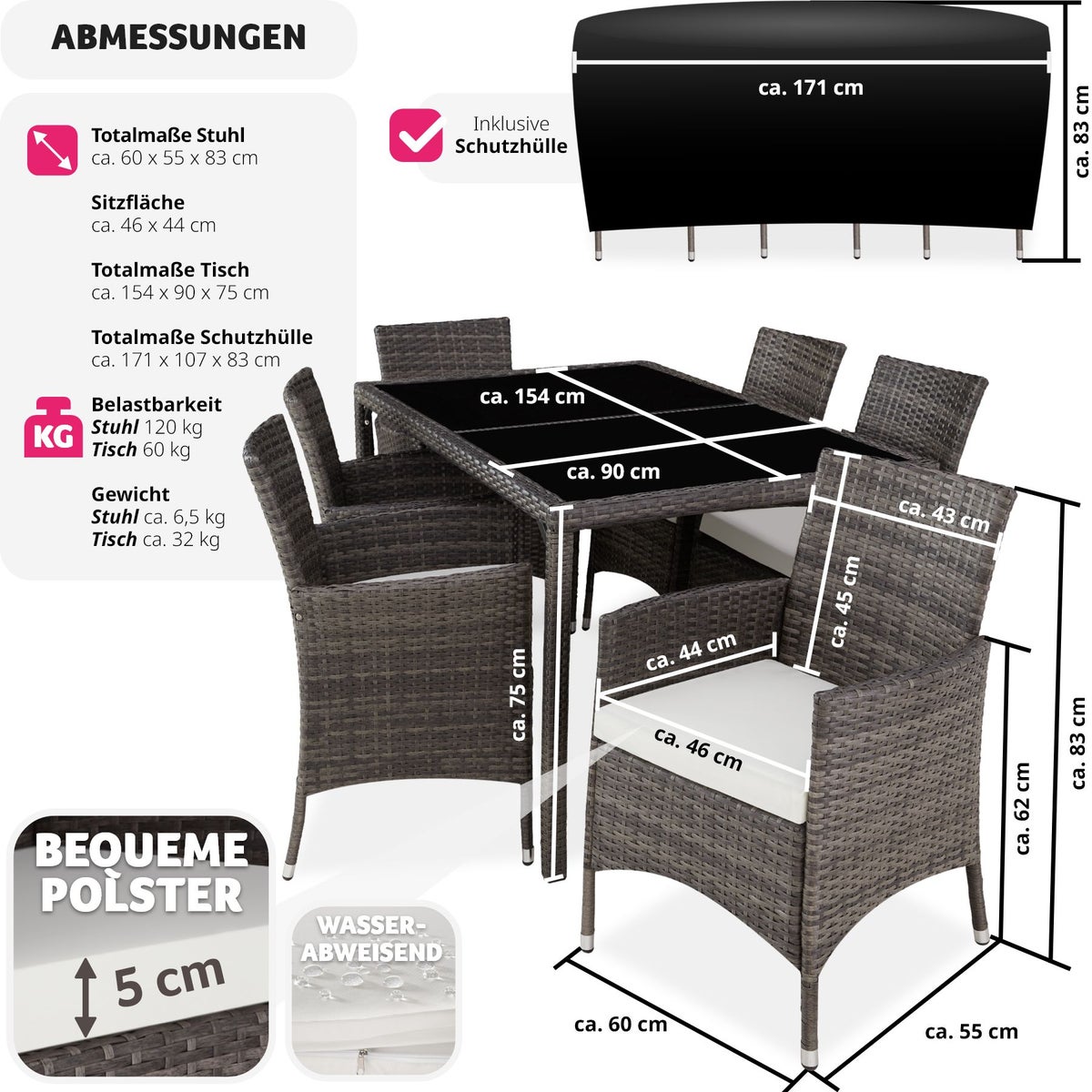 tectake Lissabon rotan zitset voor 6 personen inclusief beschermhoes