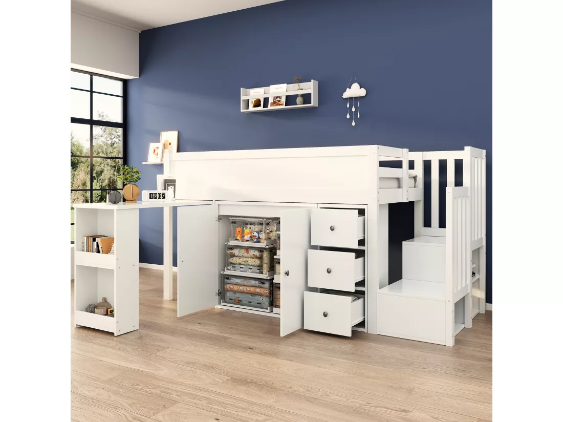 Lit mezzanine pour enfant 90x200cm- avec bureau coulissant + rangement latéral - avec armoire - avec escalier - Blanc
