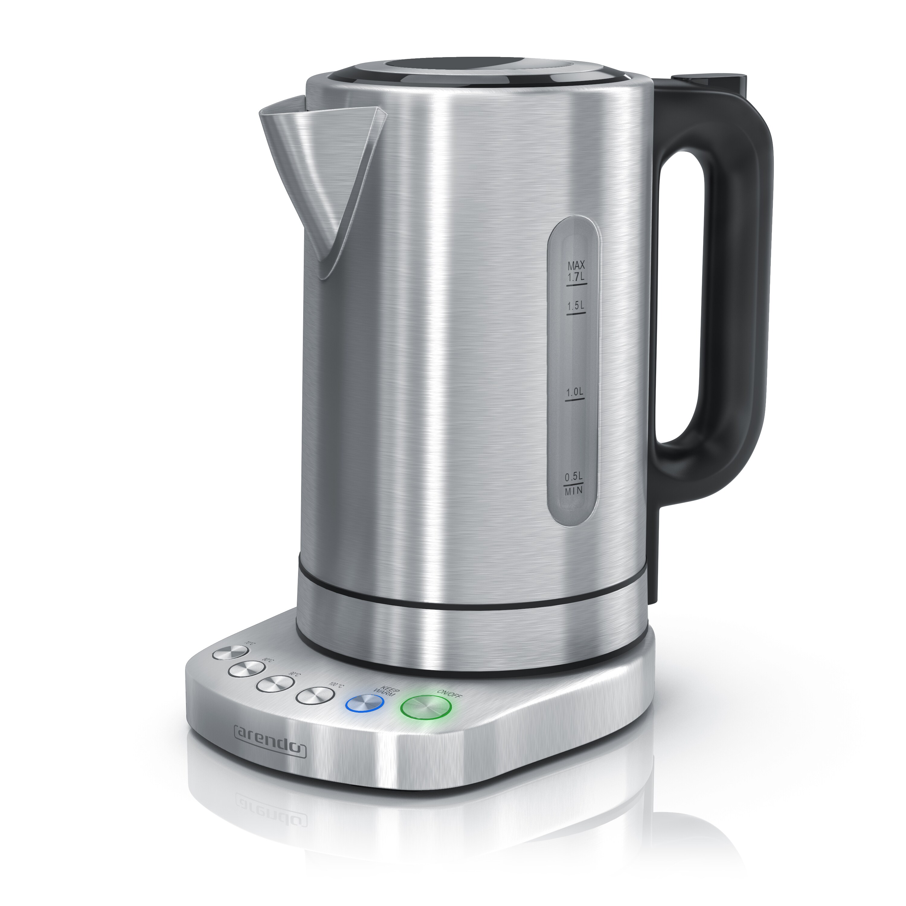 Arendo Wasserkocher 1,7 l, 3000 W, Edelstahl, Schnellkoch, einstellbare Temperatur, Warmhaltefunktion
