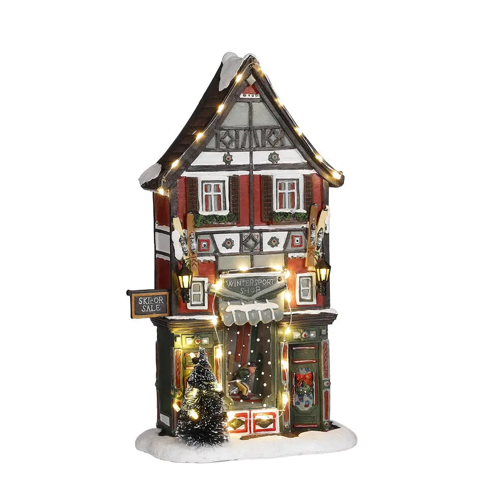 LuVille Kerstdorp Miniatuur Wintersportwinkel - L17,5 x B8 x H28 cm