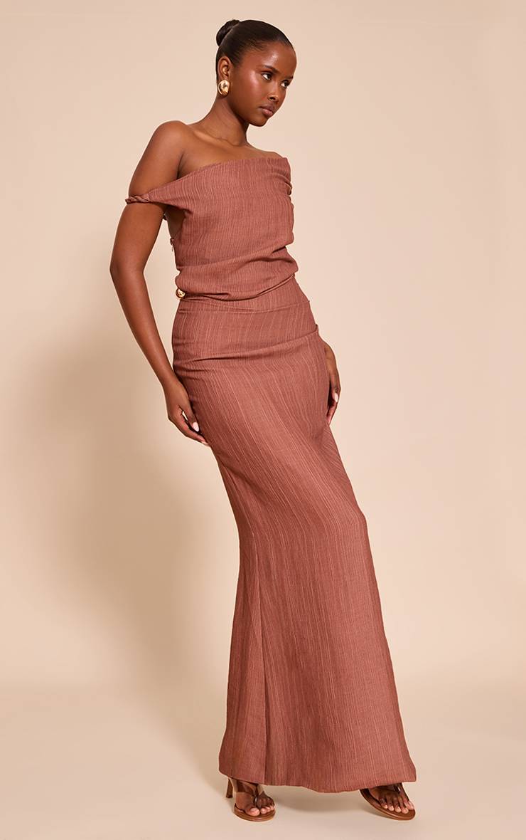 Marron Robe Longue Texturée Asymétrique À Une Épaule