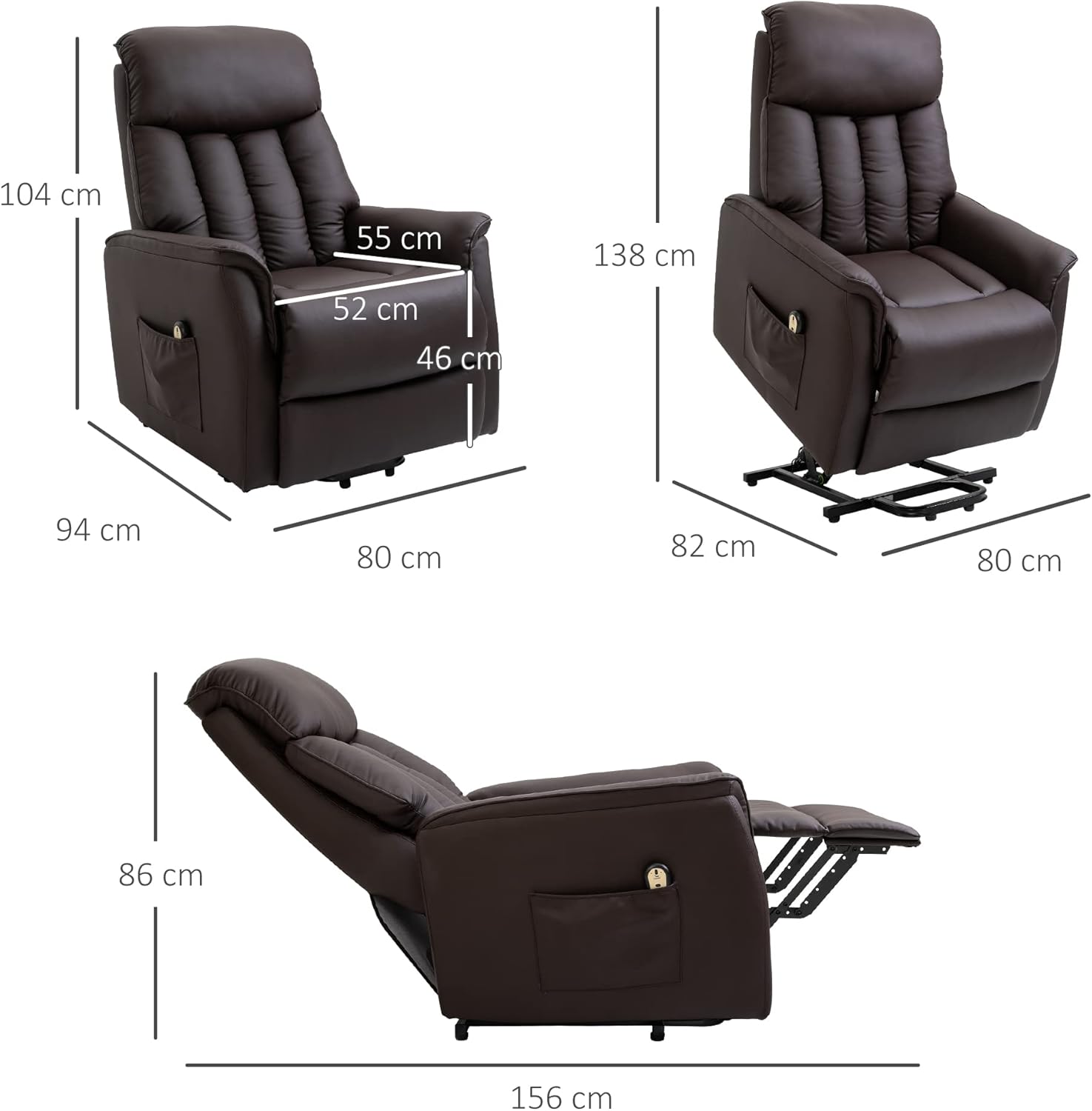 HOMCOM Relaxsessel Elektrisch Fernsehsessel mit Aufstehhilfe, Liegefunktion, TV Sessel mit Fußteil, Seitentasche, Fernbedienung, für Wohnzimmer, bis 150 kg, Kunstleder, Braun