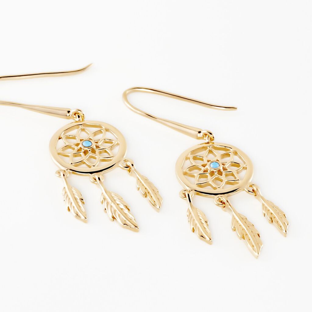 Boucles D'oreilles Plaqué Or Jaune Attrape Rêves Turquoises