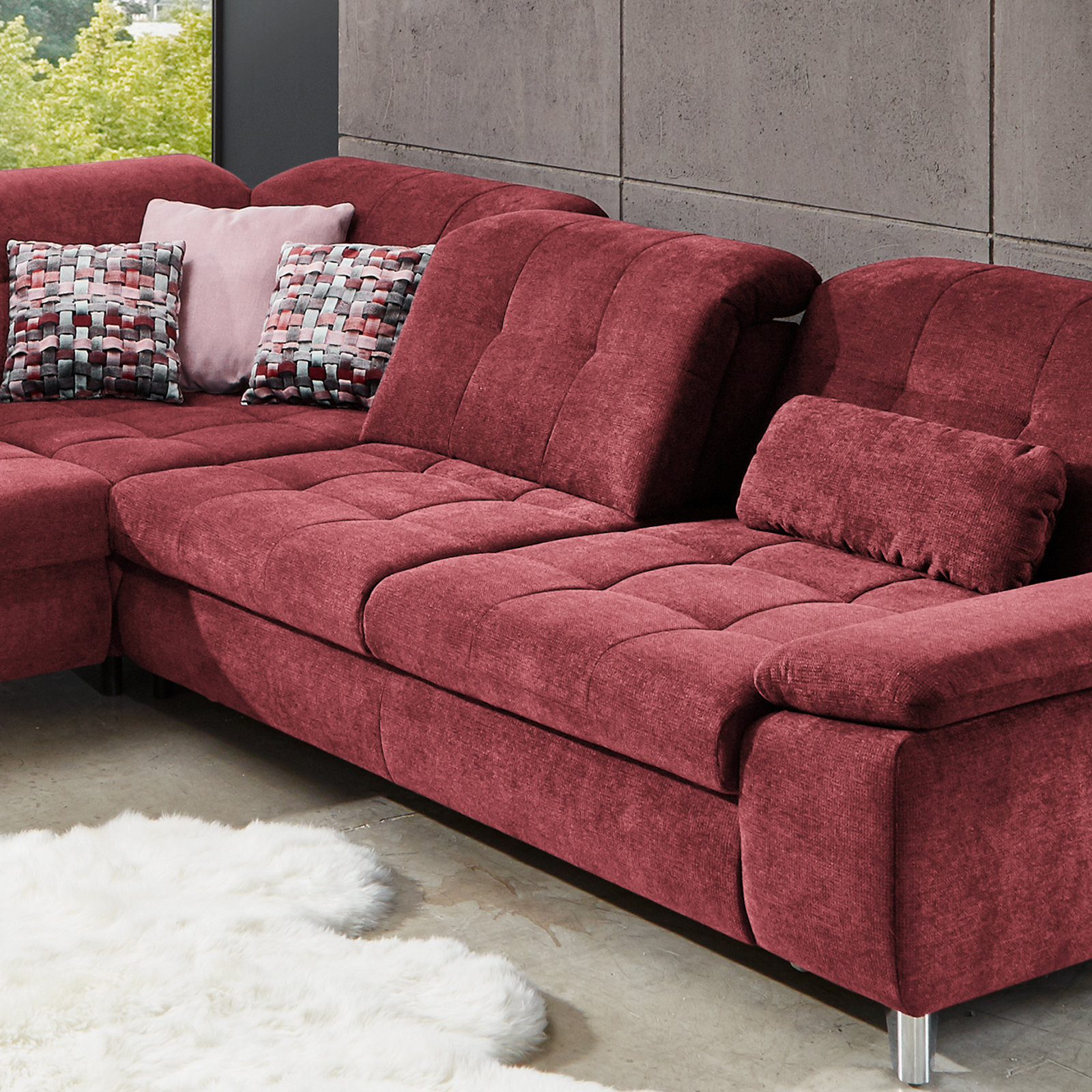 Ecksofa - cherry - Microchenille - Sitztiefenverstellung - Anstellhocker links