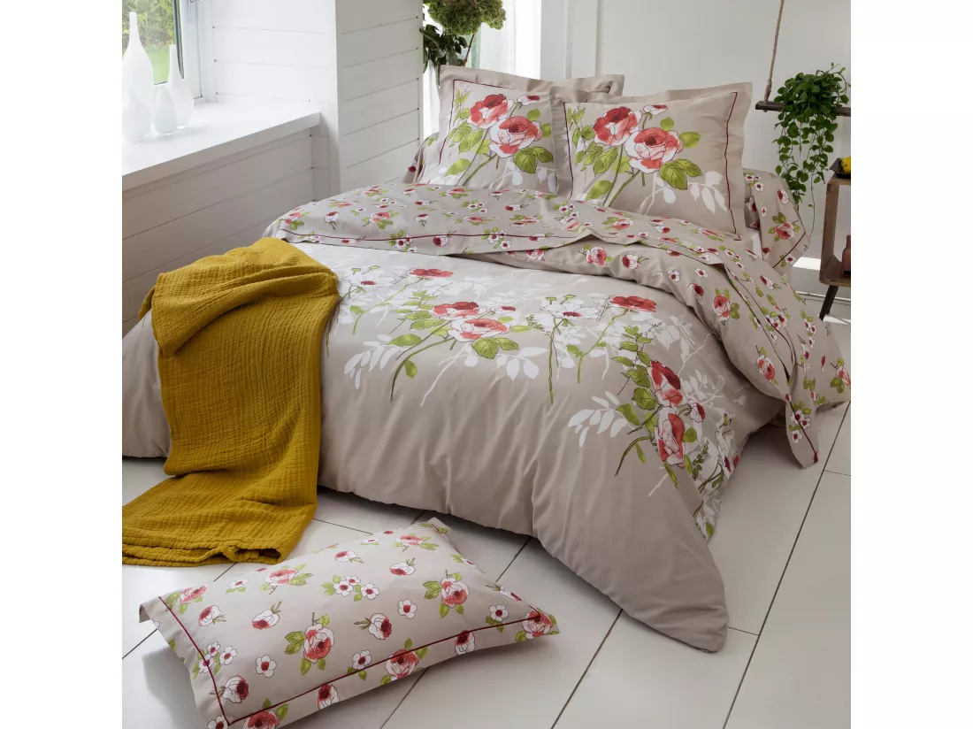 Housse de couette 140x200 cm satin de coton ROSERAIE beige ficelle