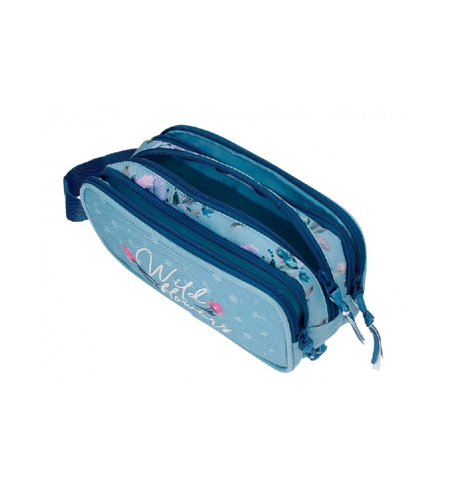 Estojo triplo para lápis Movom, estampa Flores Silvestres Azul - 22x10x9cm -