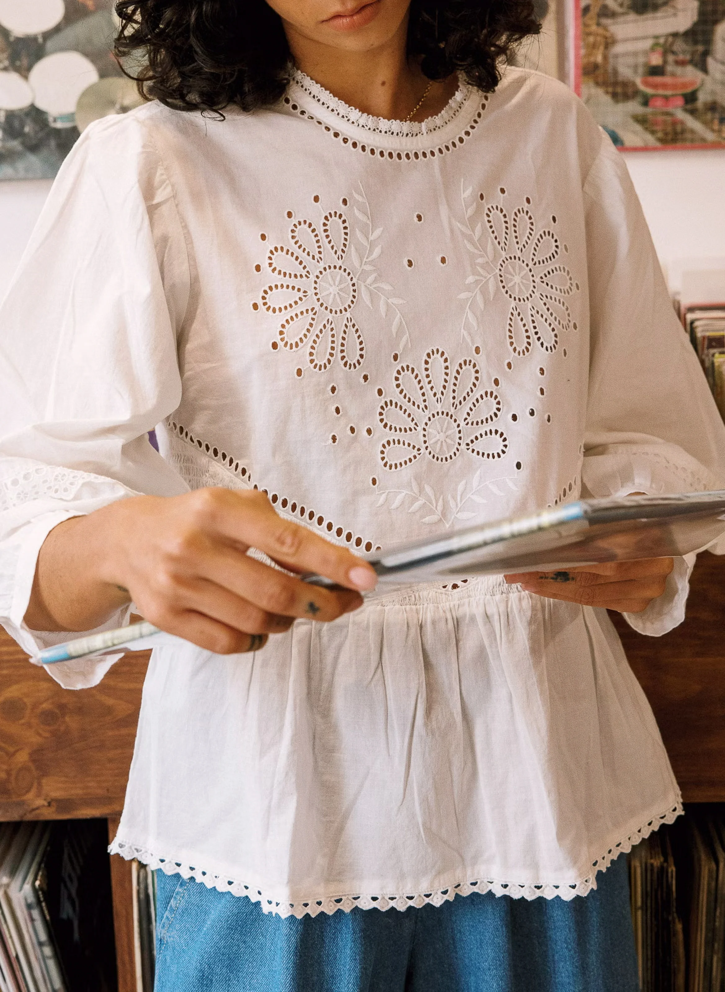 Blouse col rond en coton | Blanc