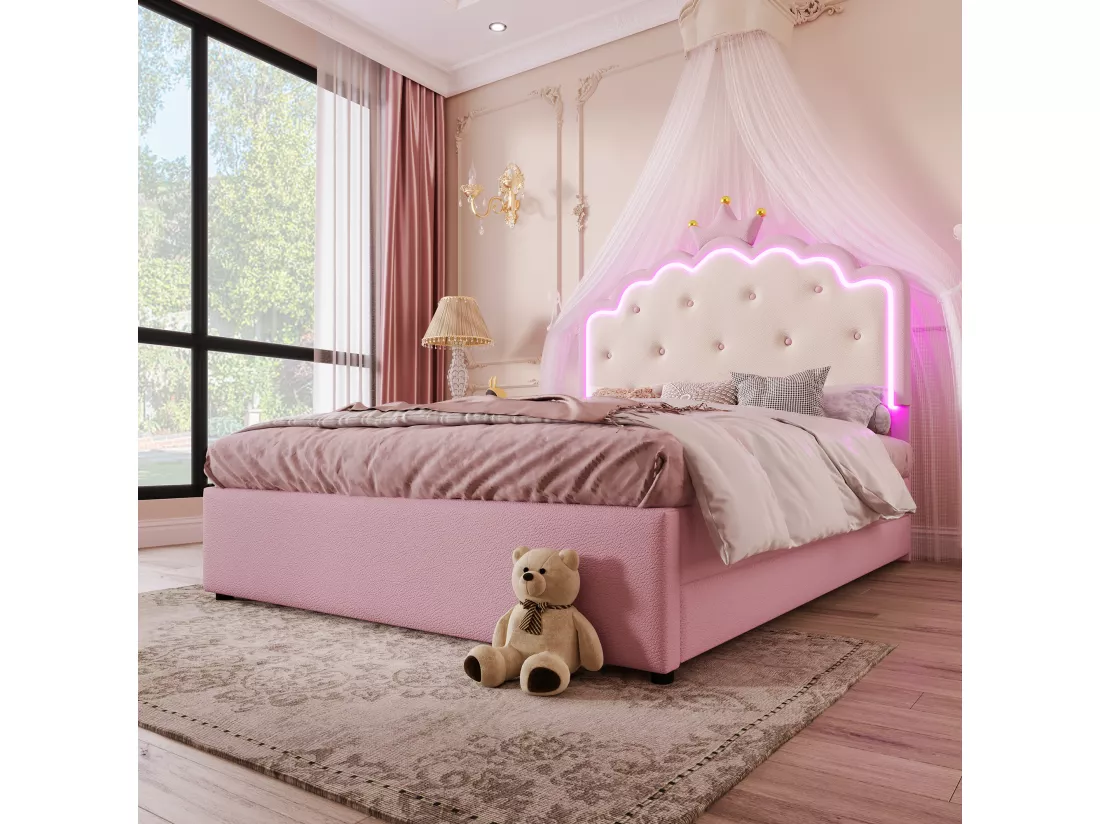 Lit gigogne 140 x 200 cm avec tête de lit en couronne - Cuir PU - LEDs - Sommier à lattes - Rose (Sans matelas)