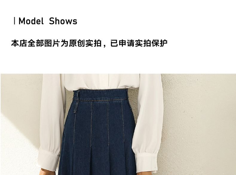 Rusutsu - Accordeon geplooide denim midi A-lijn rok met hoge taille