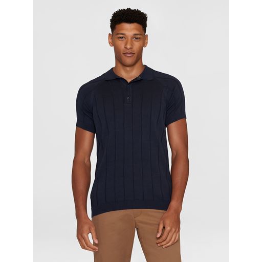 Knowledge Cotton Apparel Stribet Strikket Polo T-shirt, Night Sky, XXL
