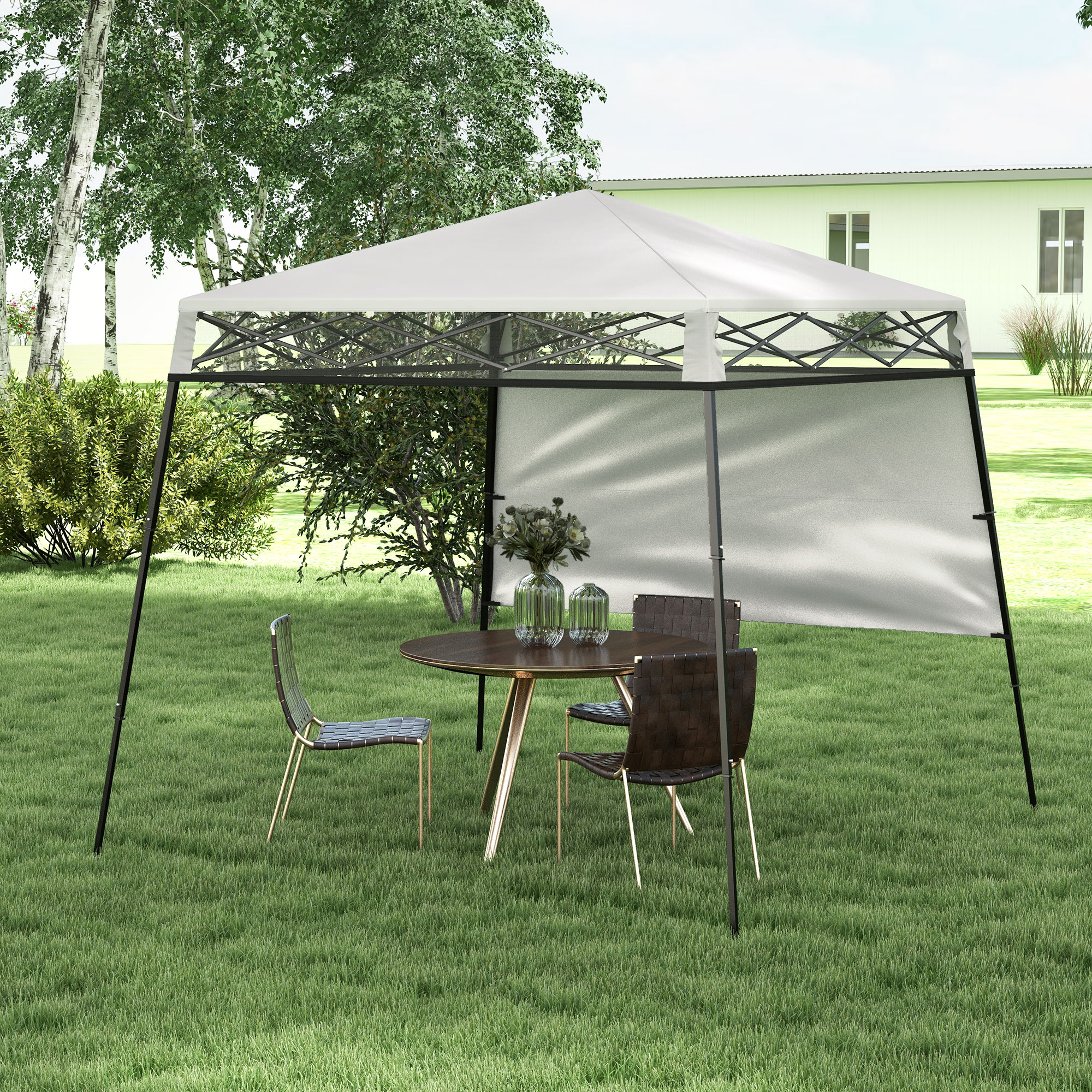 Gazebo dobrável Outsunny 220x220x200 cm, com 1 parede lateral, bolsa de transporte, impermeável e com proteção UV50+ para jardim e pátio, branco.