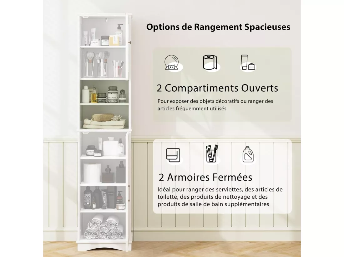 Armoire de Salle de Bain de 170 cm de Hauteur, Meuble de Rangement, Colonne, 5 Étagères Réglables, Placards à Porte, 2 Compartiments, Gain de Place, 30 x 40 x 170 cm, Blanc