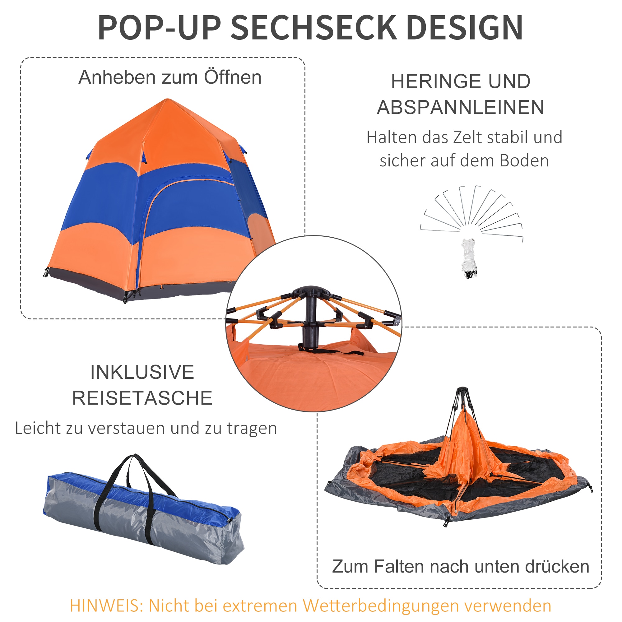 Outsunny Doppelwandzelt für 5–6 Personen orange, blau 280 x 280 x 170 cm (LxBxH)