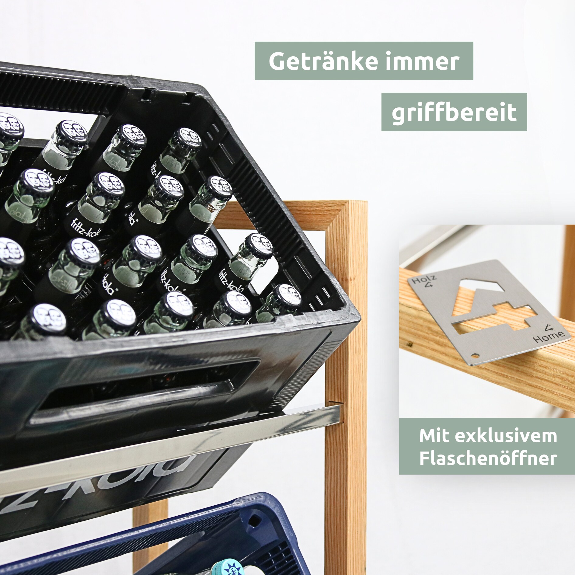 holz4home® Getränkekistenregal aus Holz inkl. Ablage I Silber | 2 Kisten