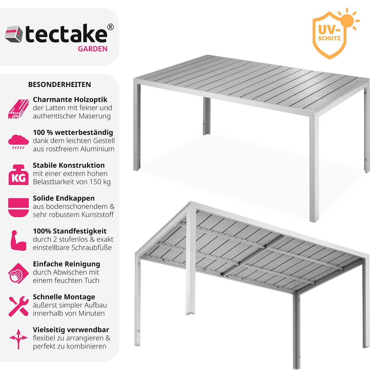 tectake Bianca tuintafel van aluminium en kunststof, 150 x 90 x 74,5 cm